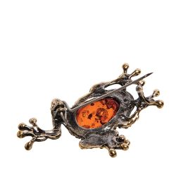 AM-2623 Брошь «Лягушка с кабашоном» (латунь, янтарь)