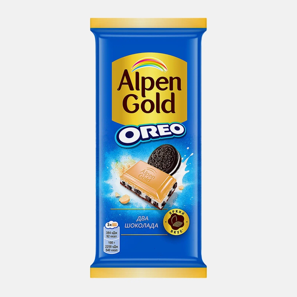 Шоколад Alpen Gold Oreo Два шоколада молочный с белым с начинкой со вкусом ванили и кусочками печень 85г