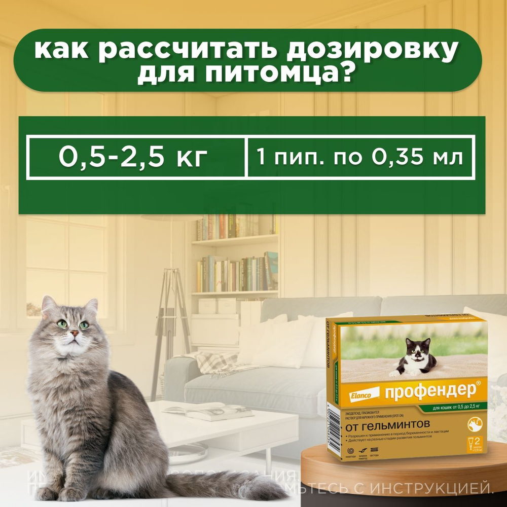 Капли на холку от глистов для кошек Профендер от 0,5-2,5кг. 2 пипетки в упаковке, Эмодепсид/Празиквантел