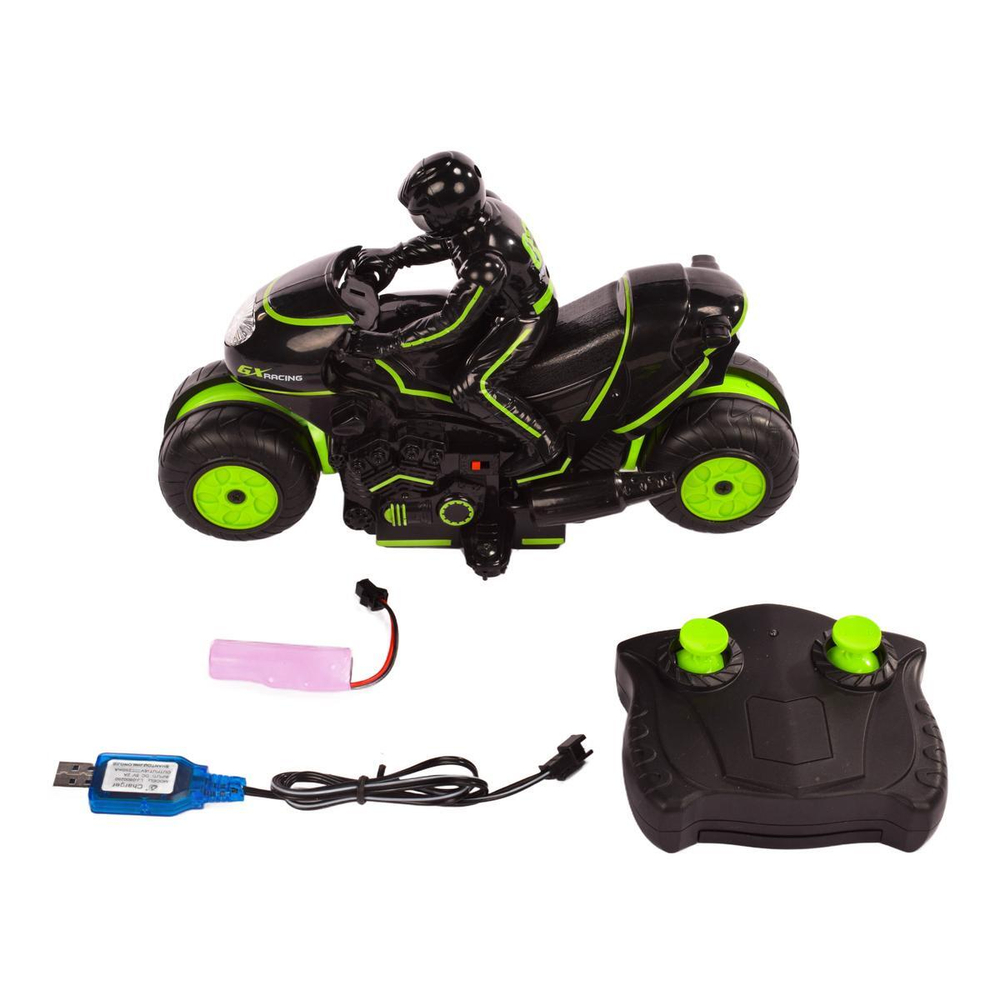 Мотоцикл РУ аккум, разв. колес, движ. бокомчерно-зел. 870602