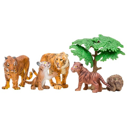 Набор фигурок животных серии "Мир диких животных": Семья тигров, дерево, камень
