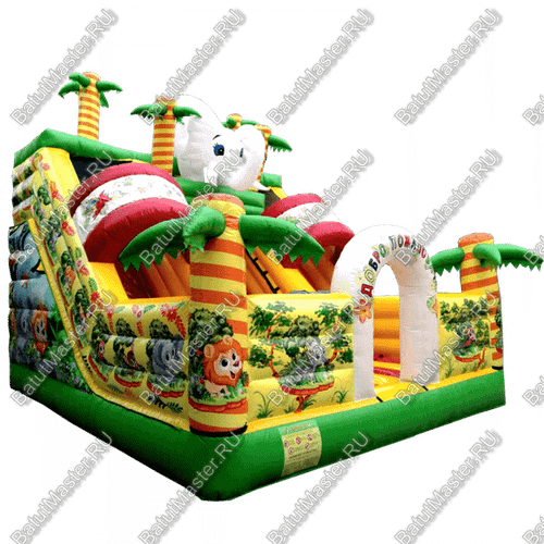 Надувной батут-горка "Слоник в джунглях с двумя горками с прямым скатом", 6*5*5.5 м