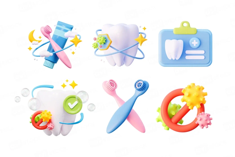 3D иконки для детского здоровья зубов — стильный набор PNG