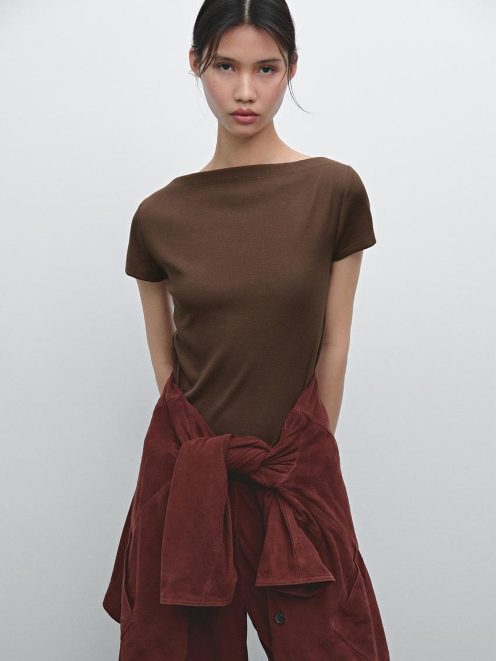 Massimo Dutti Футболка из 100% хлопка в рубчик, коричневый