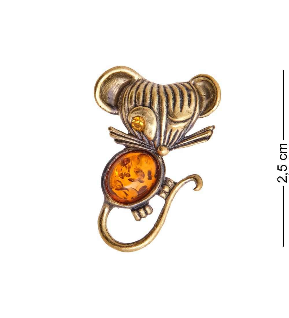 AM-3484 Брошь «Мышка Пищанк» (латунь, янтарь)