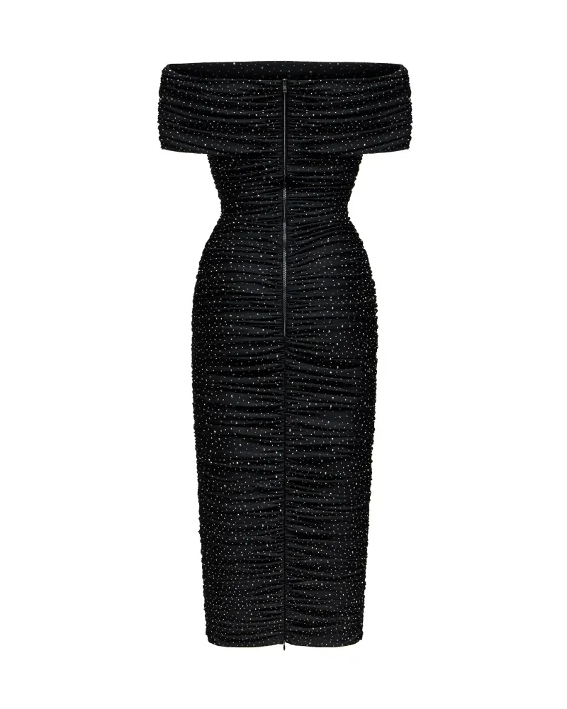 Iren midi, платье миди из черного бифлекса со стразами драпированное