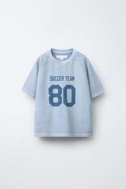 ZARA ФУТБОЛКА С РУКАВАМИ РЕГЛАН И ПРИНТОМ, СИНИЙ