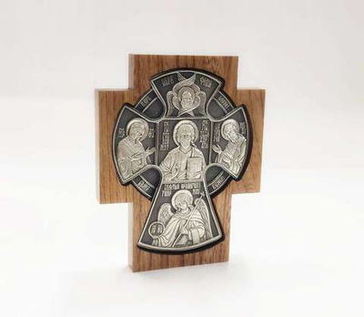 Крест большой "Царь Славы" серебрение в дубовой рамке