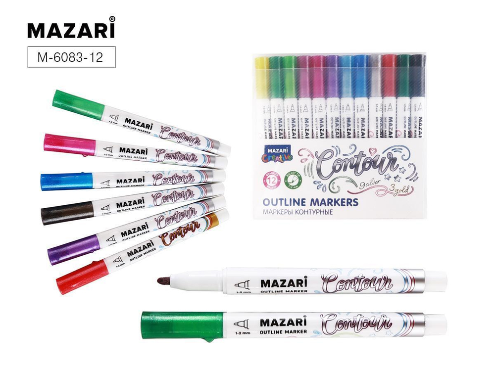 Набор маркеров-красок с контуром 12цв. 1.0-2.0мм. "Contour" 3 зол.+9 серебр. пулевид.наконечник, ПВХ