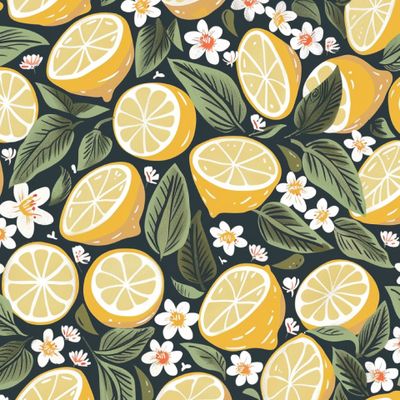 Сочные лимоны на темном фоне с цветами