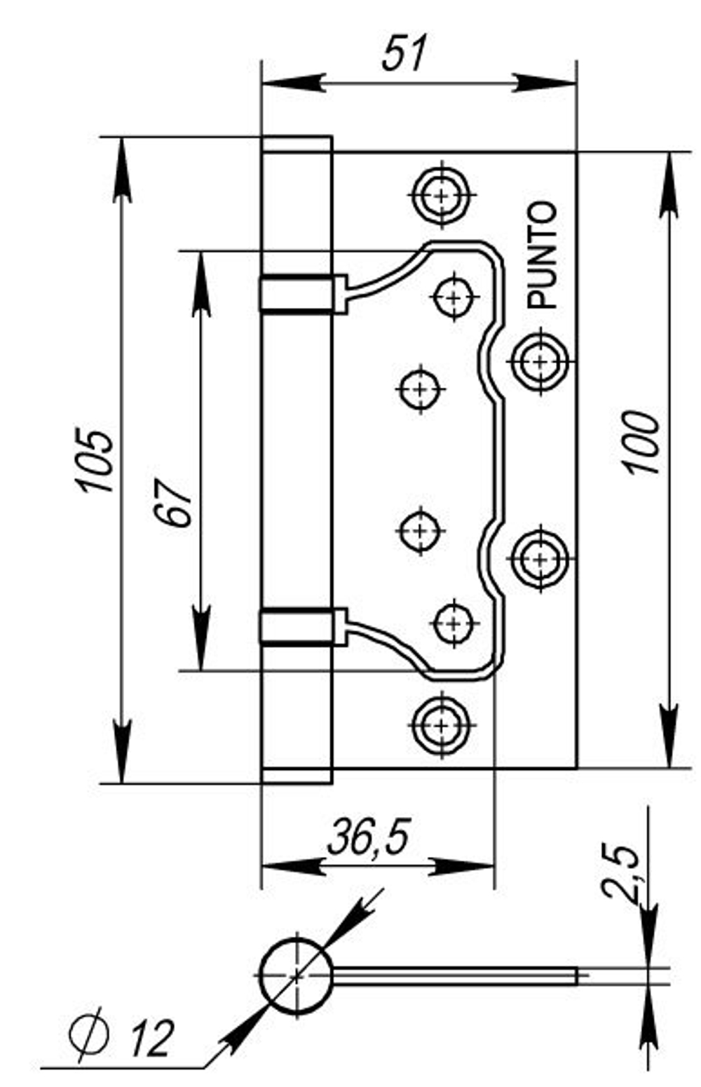 Петля универсальная Punto (Пунто) без врезки 200-2B 100x2,5 PN (мат. никель)