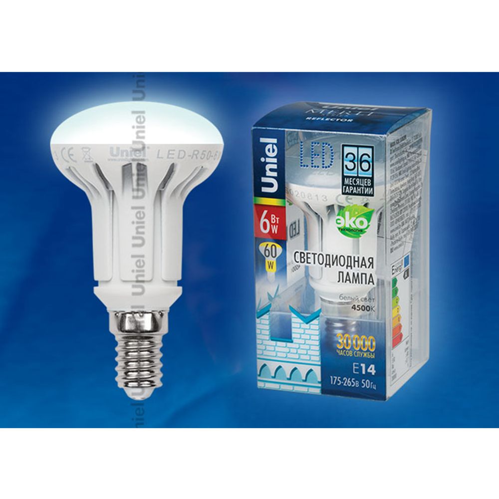 LED-R50-6W/NW/E14/FR ALM01WH Лампа светодиодная. Форма рефлектор, матовая колба. Материал корпуса алюминий. Цвет свечения белый. Серия Merli. Упаков