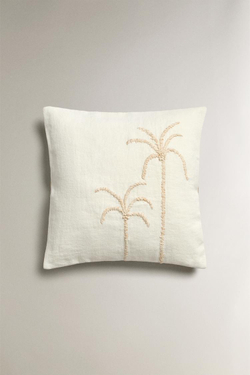 ZARA HOME ЛЬНЯНОЙ ЧЕХОЛ ДЛЯ ДЕКОРАТИВНОЙ ПОДУШКИ С ВЫШИВКОЙ «ПАЛЬМЫ», КРЕМОВЫЙ