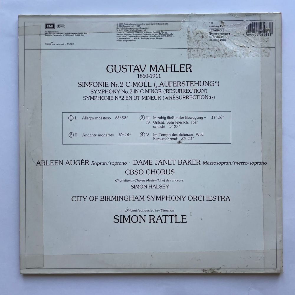 Винтажная виниловая пластинка LP Густав Малер Mahler City Of Birmingham Symphony Orchestra Sinfonie Symphony Симфония No. 2 (Germany 1987)