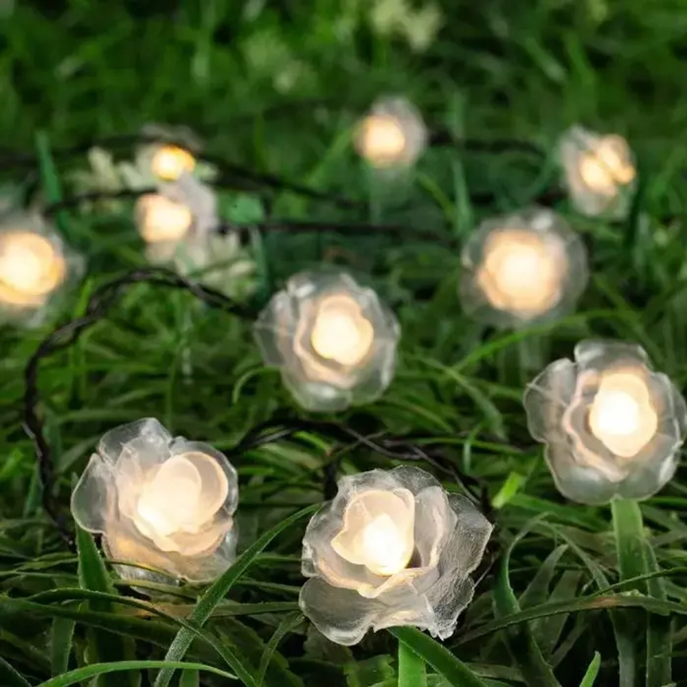 Гирлянда для улицы «Нежный цветок» 3 м 20 ламп LED чёрный провод, 2 реж.,IP-55, Теплый белый (солнечная батарея)