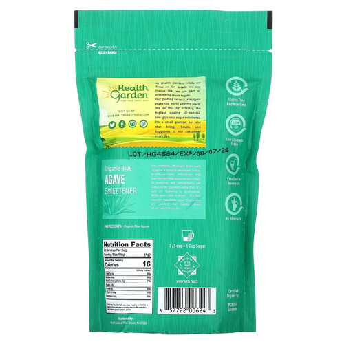 Health Garden, органический подсластитель с голубой агавой, 341 г (12 унций)
