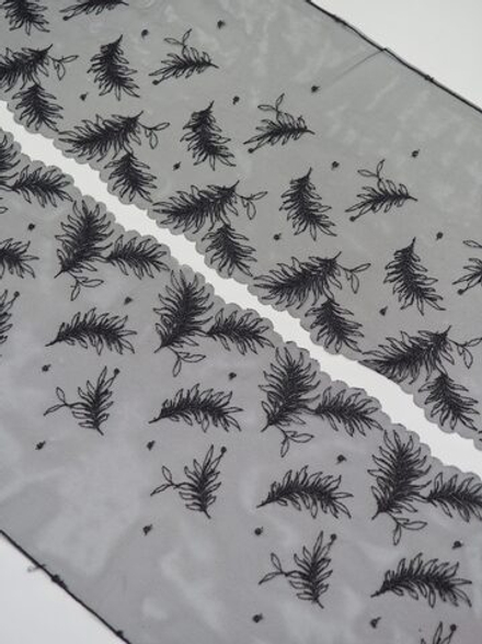 Вышивка на сетке черные перья с люрексом ширина 18 см (2 стороны)