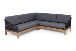 "Канны" диван модульный плетеный из роупа, основание дуб, роуп темно-серый круглый, ткань темно-серая 027