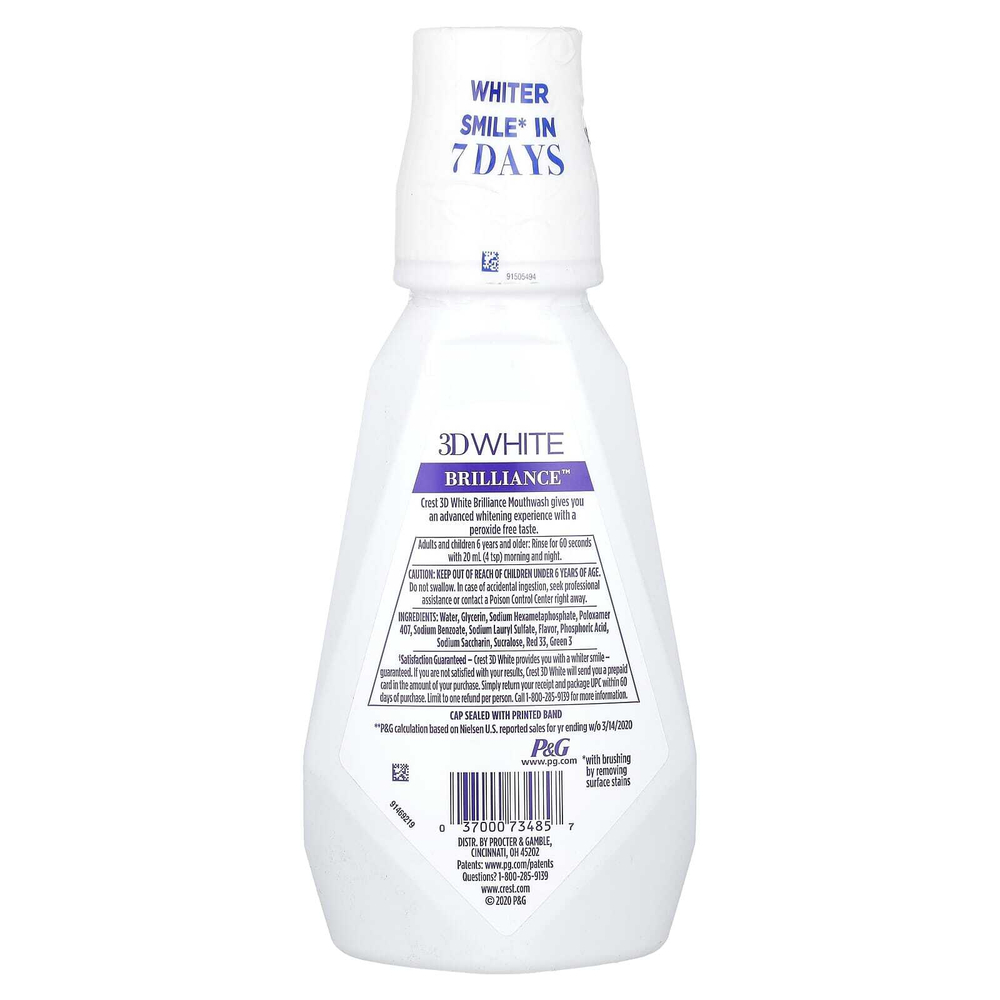 Crest, 3D White Brilliance, отбеливающий ополаскиватель для рта, без спирта, чистая мята, 500 мл (16,9 жидких унций)