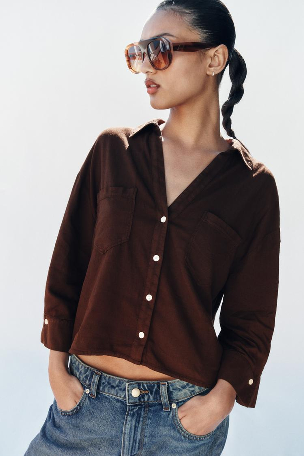 ZARA СВОБОДНАЯ РУБАШКА ИЗ ЛЬНА, КОРИЧНЕВЫЙ