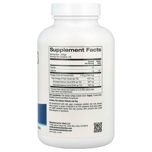 Lake Avenue Nutrition, рыбий жир с омега-3, 120 капсул из рыбьего желатина (1250 мг в 1 капсуле)