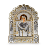 Покрова, икона арочная с рамкой, белое дерево 206х270