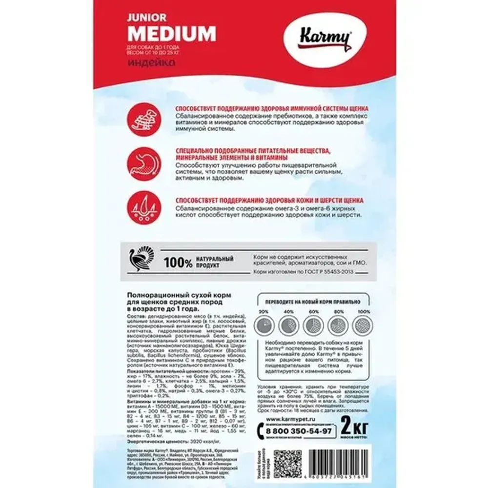 Сухой корм Karmy Medium Junior для щенков средних пород, с индейкой