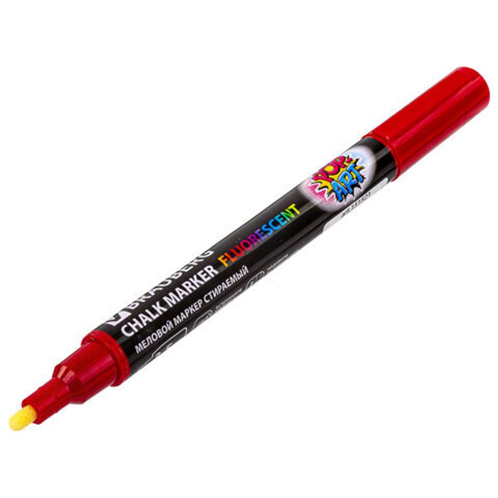 Маркер меловой "POP-ART" КРАСНЫЙ, 3,5 мм, сухостираемый, для гладких поверхностей, BRAUBERG, 151521
