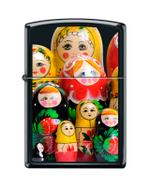 Легендарная классическая американская бензиновая широкая зажигалка ZIPPO Classic  Black Matte™ чёрная матовая из латуни и стали изображение русских матрёшек ZP-218 MATROSHKA DOLL