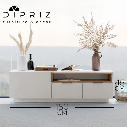 Парящая тумба под телевизор 150 см Меламин, 3 двери с нишей, белый/артизан