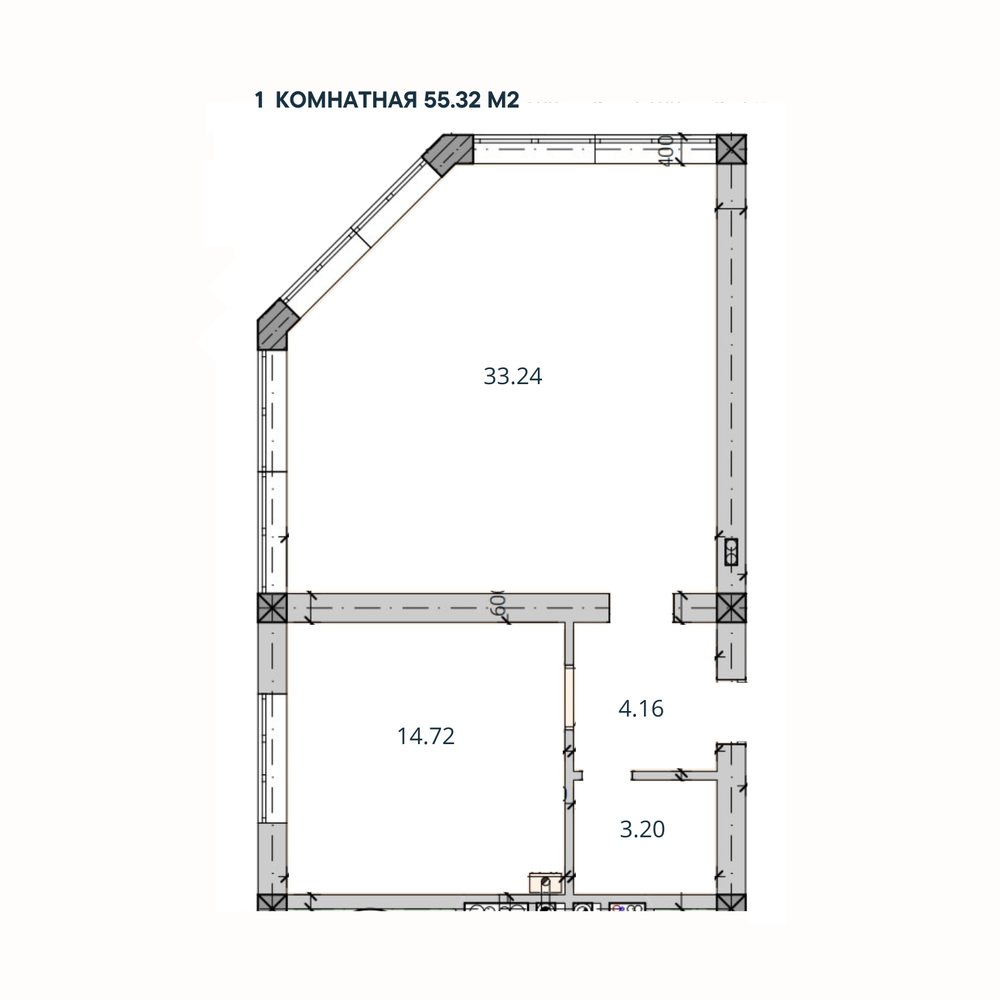 1-комн. квартира, 55,32 м²; 2,3 этажи