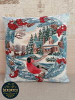 Декоративный гобеленовый чехол для интерьерной подушки Снегири за окном 38*38