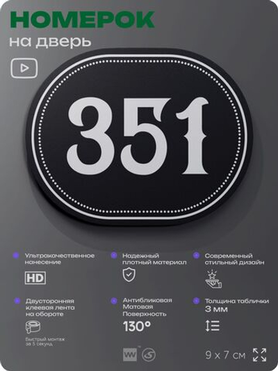 Номерок на дверь квартиры 351, для кабинета, офиса, шильдик 9 х 7 см, черный, Айдентика Технолоджи