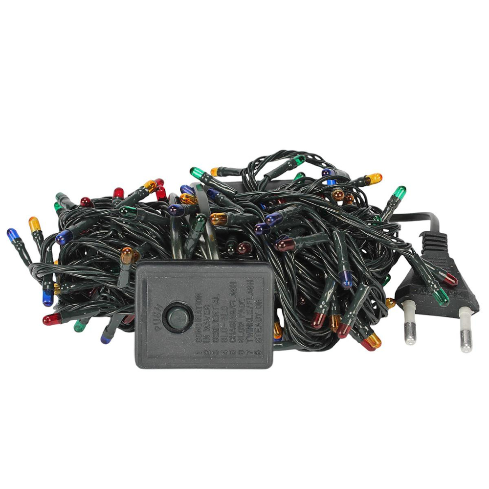 Электрогирлянда м/лампы цвет, 140 ламп, 6,7м, 8 р.миг., зелен.провод, кор