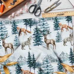 Ткань муслин животные в заснеженном лесу