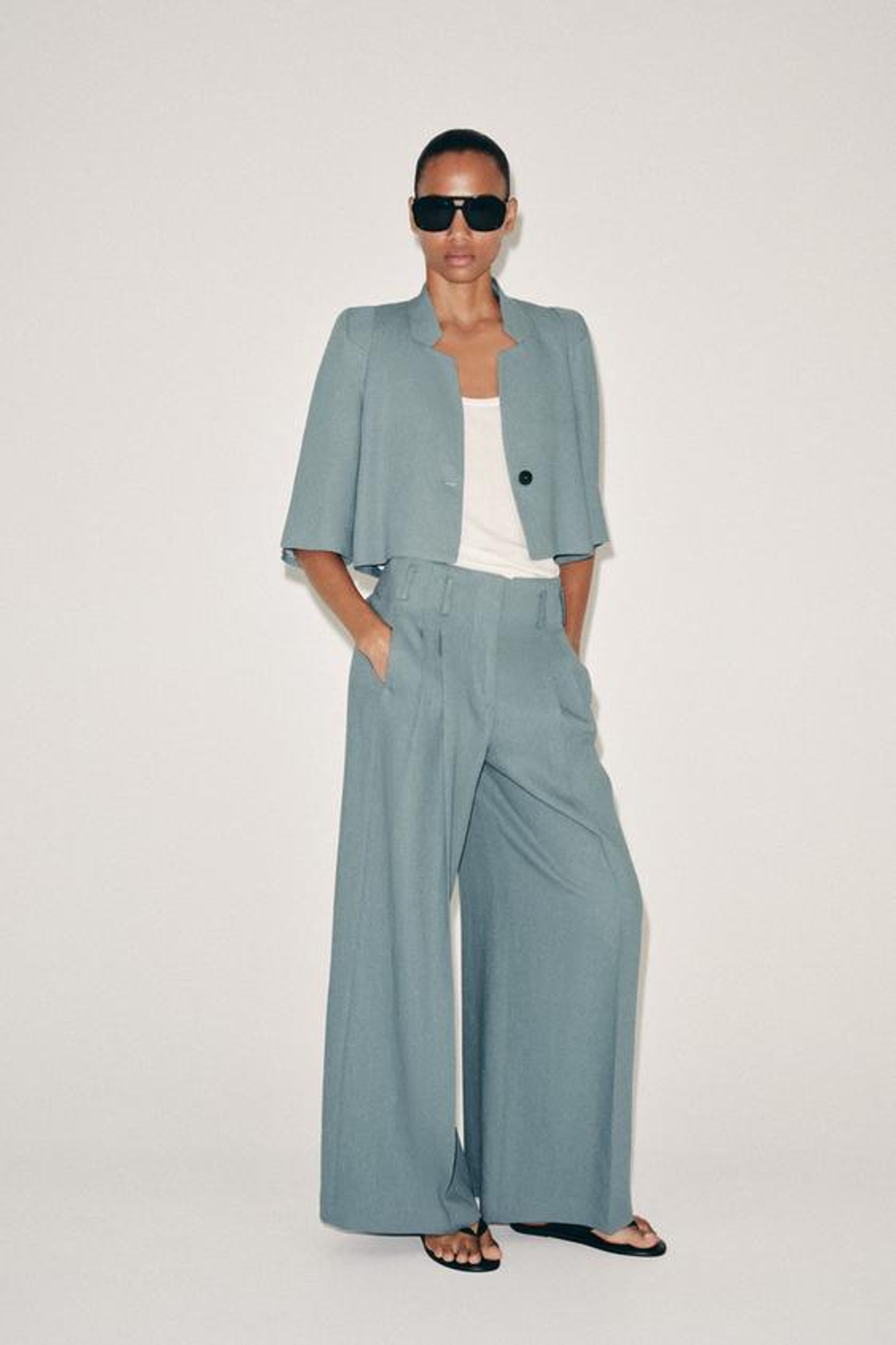 ZARA БРЮКИ С ЗАЩИПАМИ И ЛЬНОМ — ZW COLLECTION, СЕРО-СИНИЙ