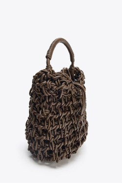 ZARA ПЛЕТЕНАЯ СУМКА С ДЕКОРАТИВНОЙ СТРОЧКОЙ, ШОКОЛАДНЫЙ