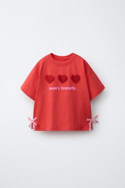 ZARA ФУТБОЛКА С ЦВЕТОЧНЫМИ ДЕТАЛЯМИ КРОШЕ, КРАСНЫЙ
