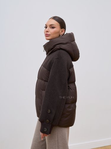 Комбинированный серый пуховик с капюшоном