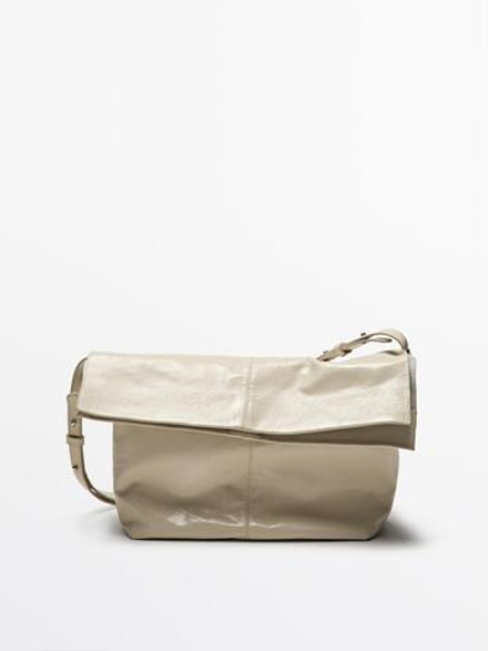 Massimo Dutti Сумка из кожи наппа с клапаном и эффектом кракле, кремовый