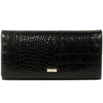 Отличный стильный глянцевый большой чёрный женский кошелёк портмоне из натуральной кожи под крокодила 18,5х9,5 см Coscet CS21-201A