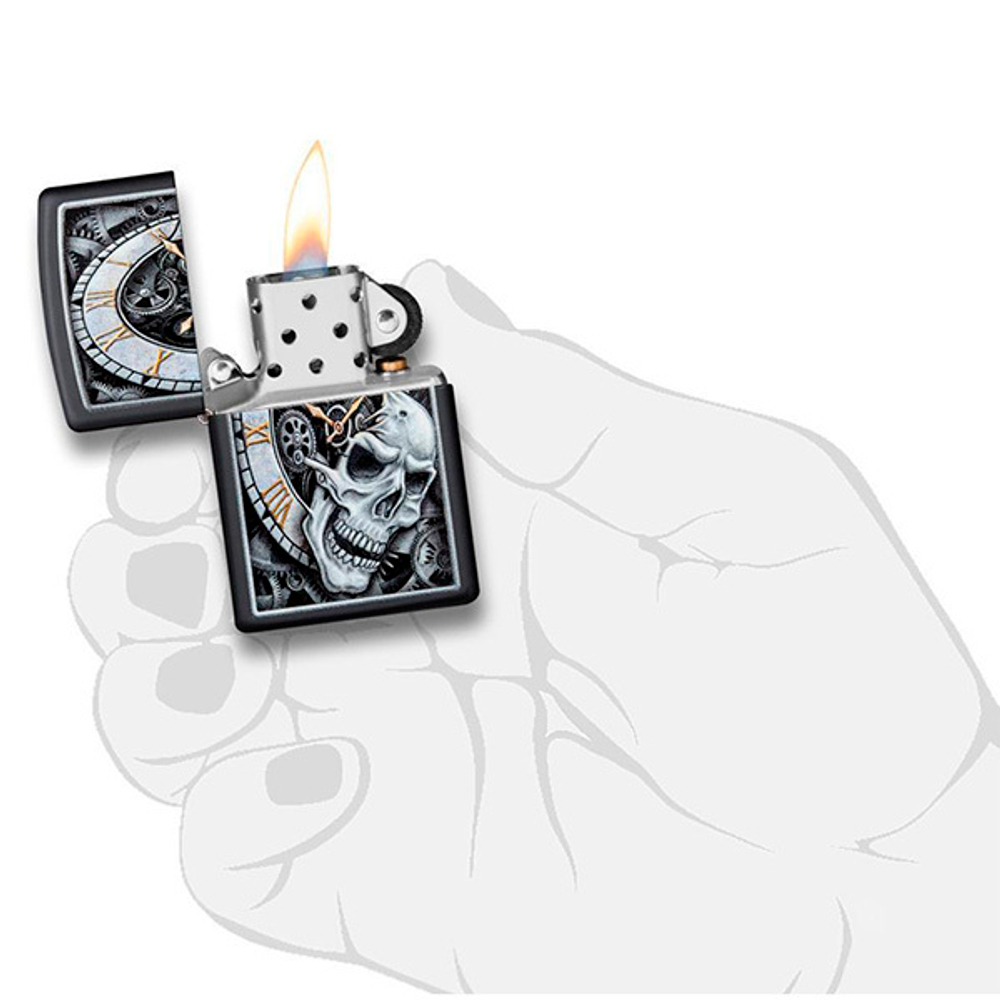 Зажигалка Zippo Skull Clock Design с покрытием Black Matte