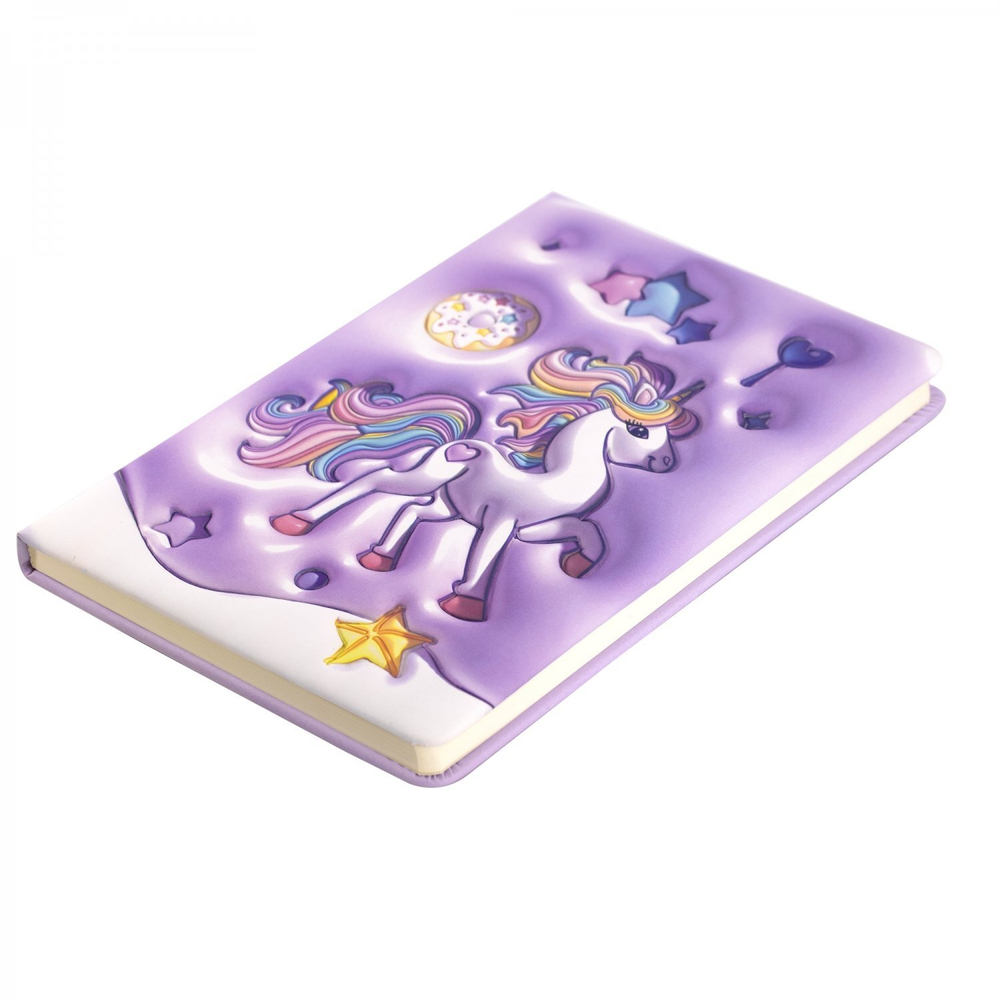 Записная книжка 14,0 см * 21,0 см , 7БЦ, Alingar, PU, поролон, конгрев, эффект 3D, 80л., линия, "Единорожка", сиреневый