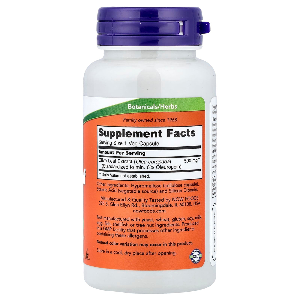 NOW Foods, Экстракт оливковых листьев, 500 мг, 60 растительных капсул