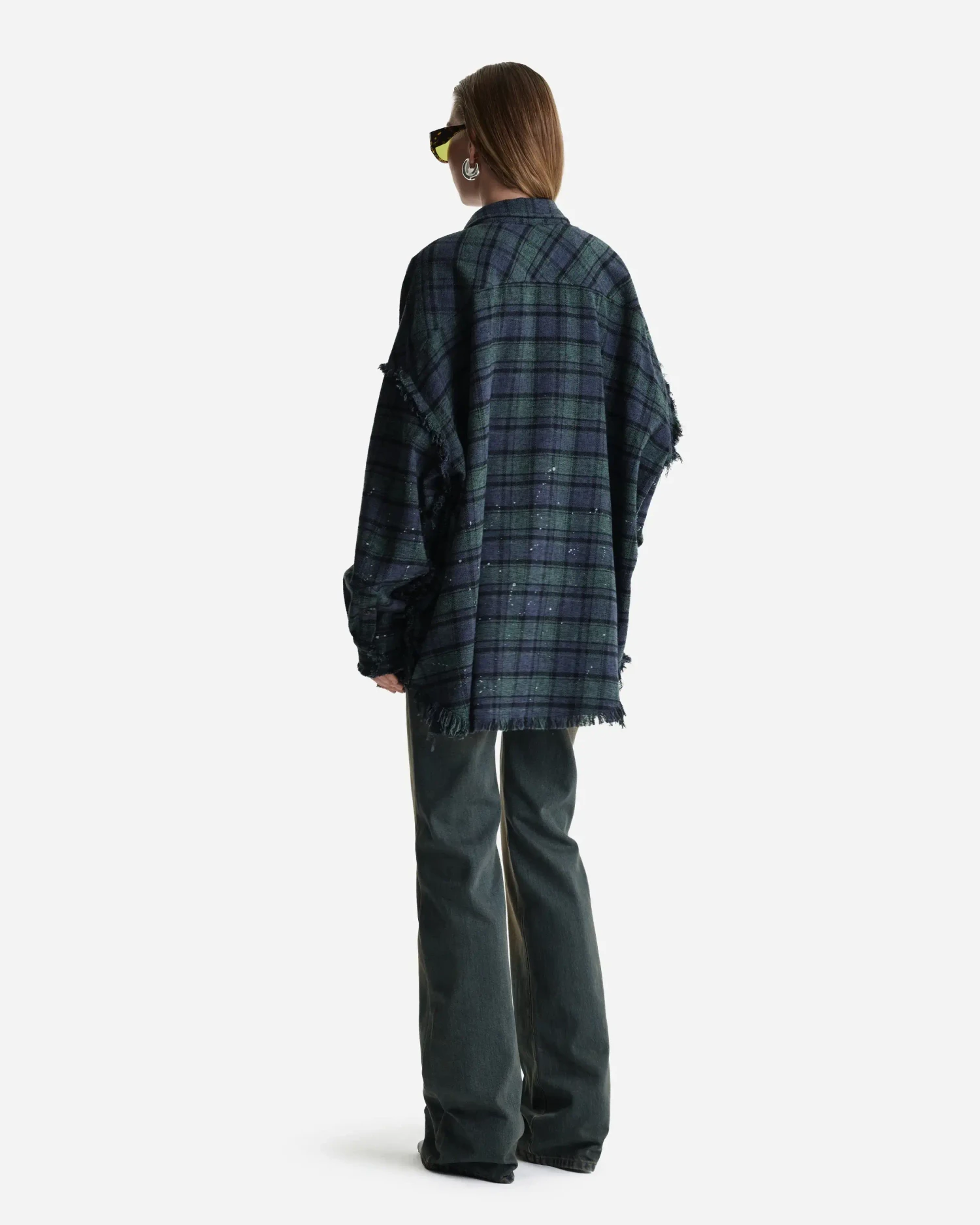 Рубашка в клетку с необработанным краем сине-зеленая