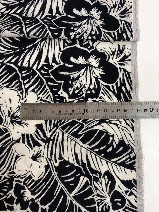 Плательная лен принт цветы белые на черном D2C1