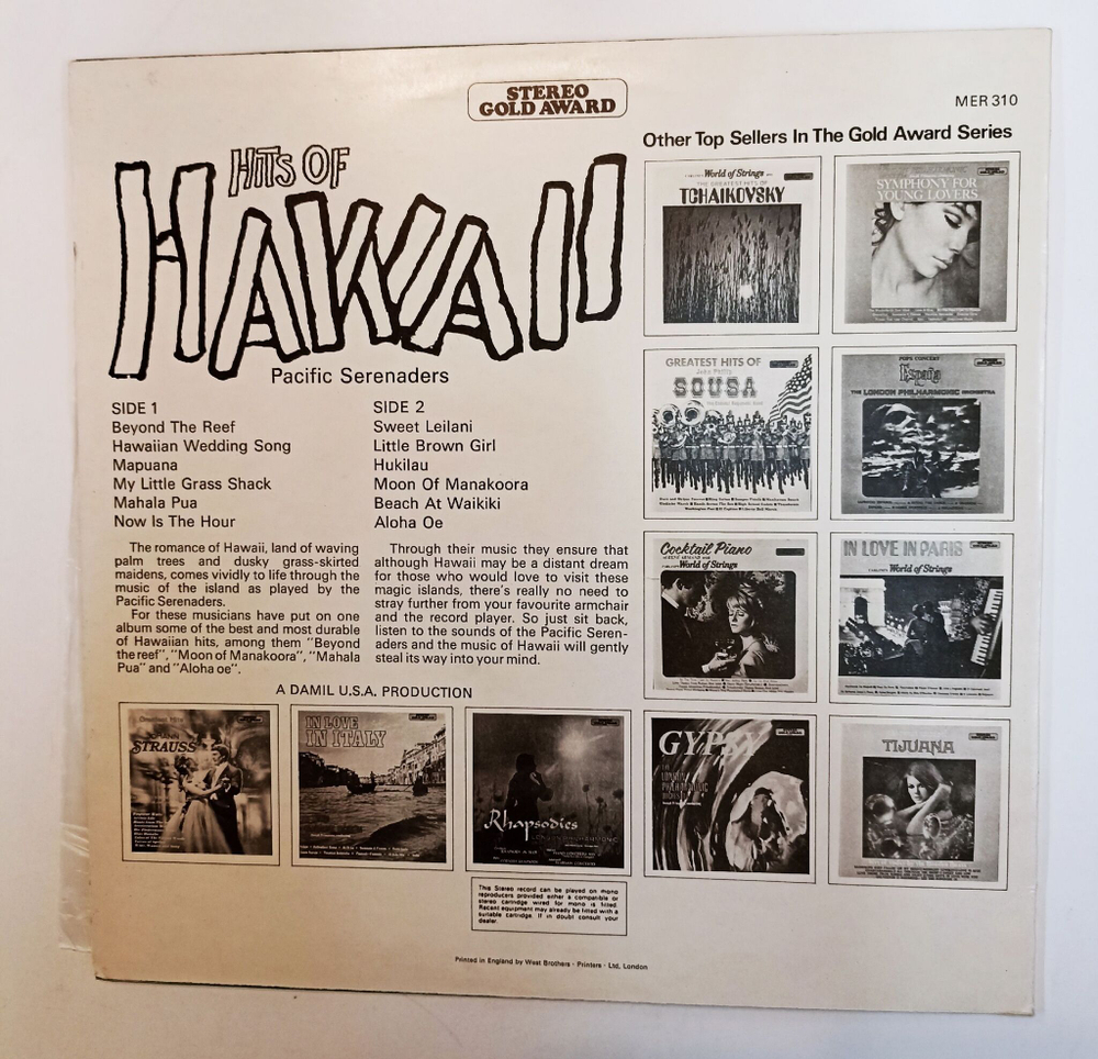 Винтажная виниловая пластинка LP Pacific Serenaders Hits Of Hawaii (UK 1970)