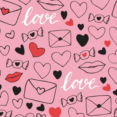 Любовная тема на розовом.Сердечки,губы,письма,конфеты