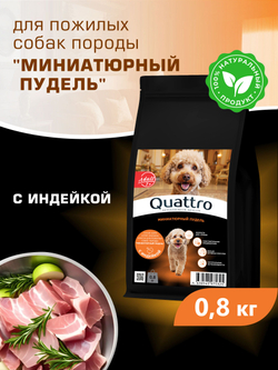 Корм сухой для пожилых собак породы Миниатюрный пудель старше 7 лет, с индейкой, 800 гр, QUATTRO