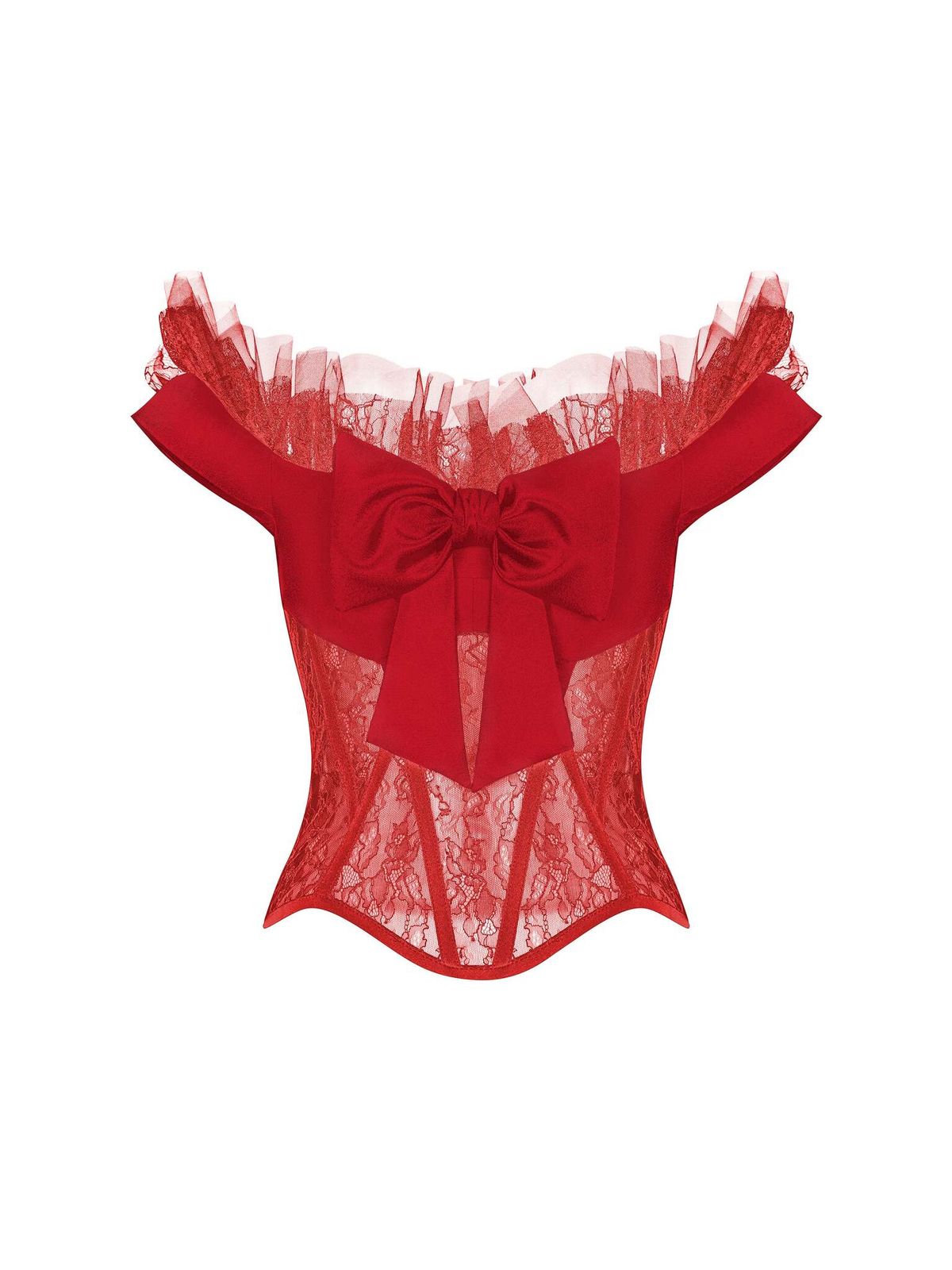 Tоп корсетного типа из крепа и кружева с рюшами и бантом
